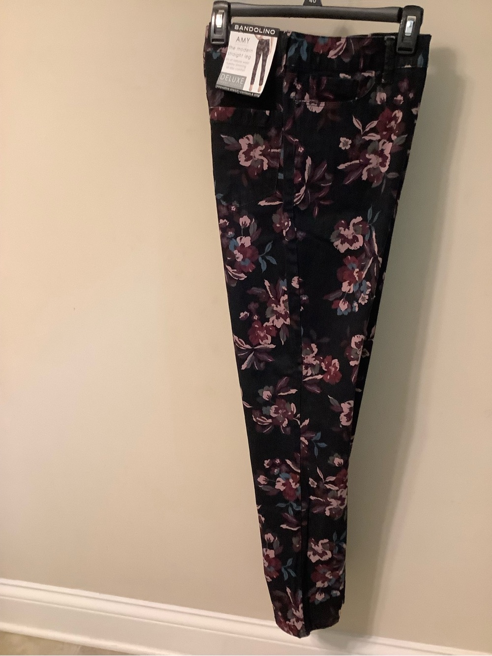 Bandolino Straight Leg Floral Jeans in Black with Pink and Blue Flowers